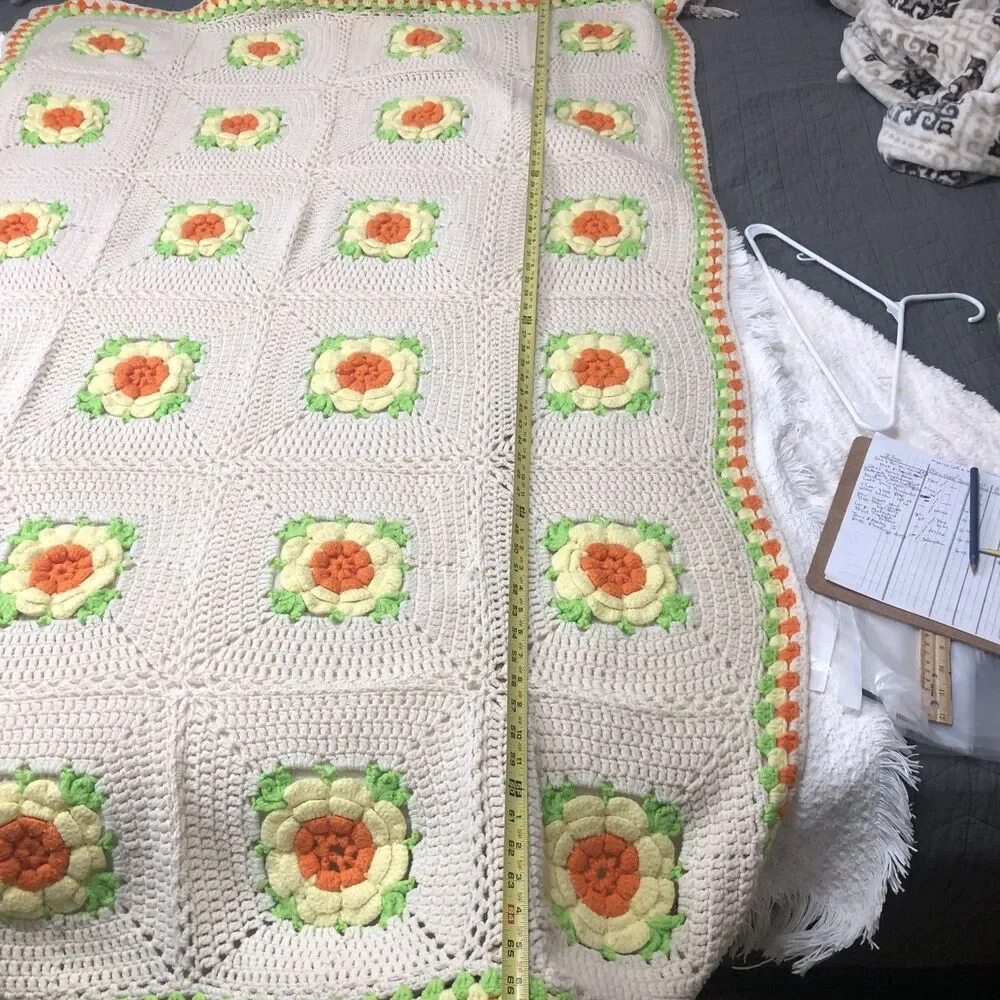 Crochet Afghan Blanket 3D Rose Throw Handmade Granny Square 70s Decor 42” x 68”